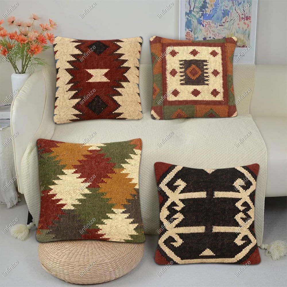 Housses de coussin en jute et laine lot de 4 motifs géométriques bohème 45 cm