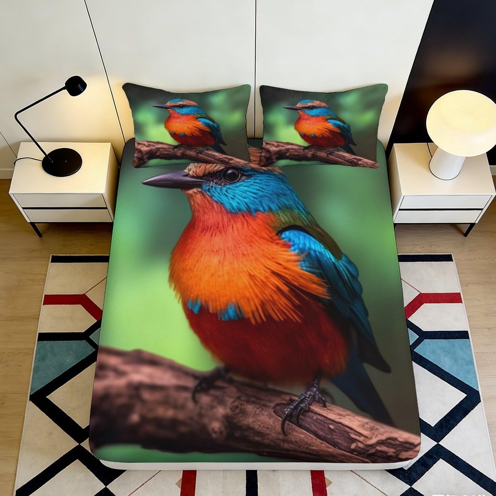 3D Printed Colorful Kingfisher Fitted Sheet Microfiber Soft Durable Vibrant Bird Mattress Cover for Bedroom Dormitory Guest Room Protection Decor 120x200x25cm