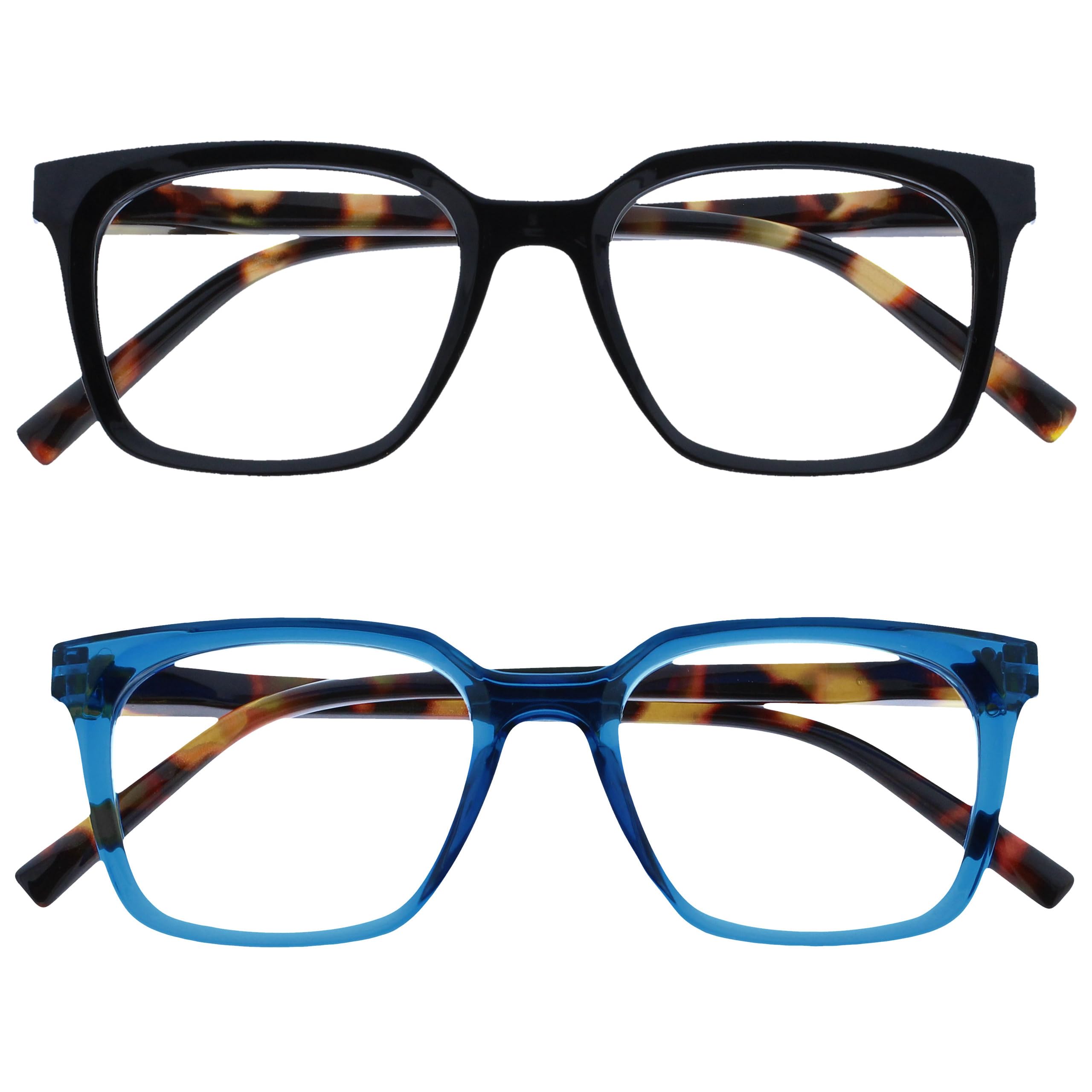 OPULIZE KOI Reading Glasses 2 Pack - Large Rectangular Frame - Black-Blue - Mens Womens - Spring Hinges - RR50-13 - +3.00