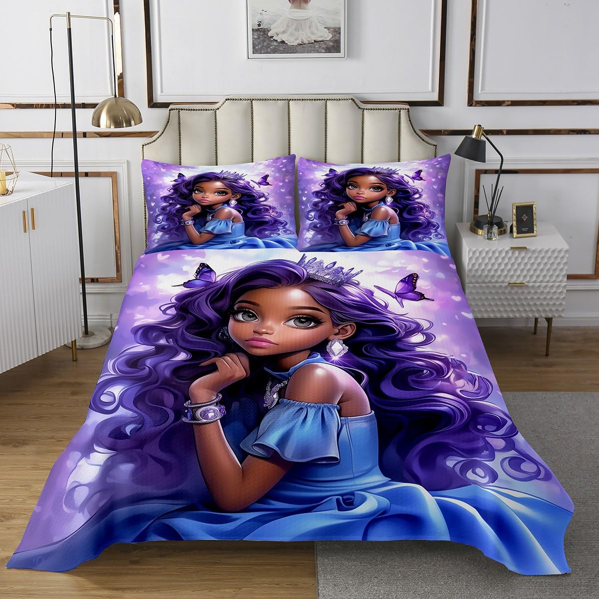 Erosebridal African Girl Coverlet Set,Black Girls Magic Quilt Set King Size for Kids Teens Adults,American Princess Bedspread Set,Flying Butterfly Bed Cover Bedroom Decor