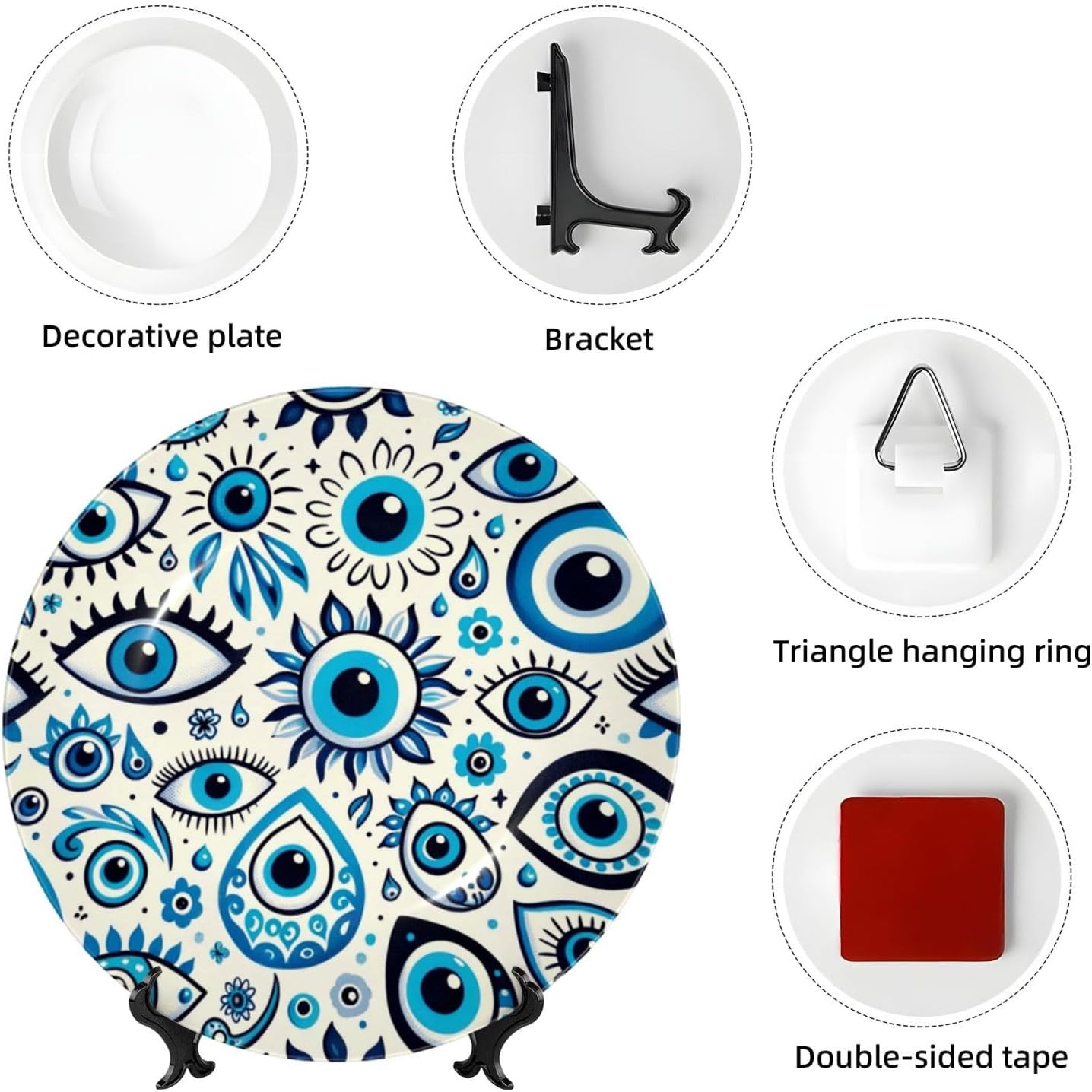 Blue-Evil-Eye-Amulets 10 Inch Decorative Plate With Stand, Elegant Display Wall Plate For Home Decor