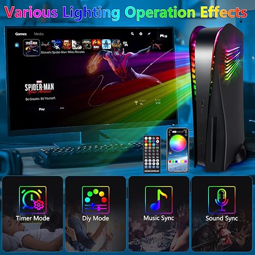 Miniatura 4 de SIKEMAY Placas de consola compatibles con PS5 con ventilación y accesorios de tira de luz LED RGB, más de 400 efectos de anillo de luz LED para