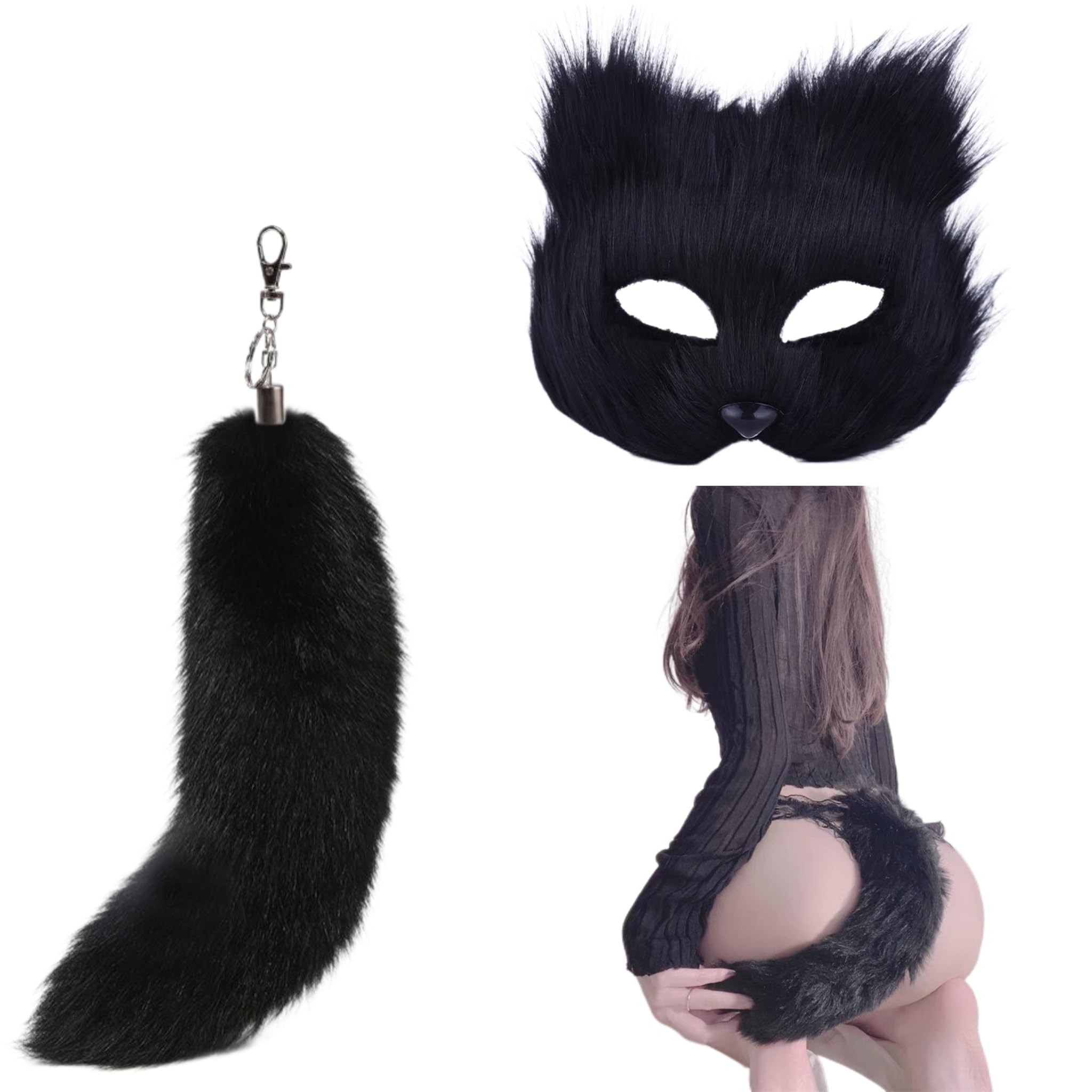 NASSMOSSE – Ensemble Therian Complet – Masque Renard Demi-face, Queue Ajustable, Gants Pattes – Cosplay Halloween Et Fêtes