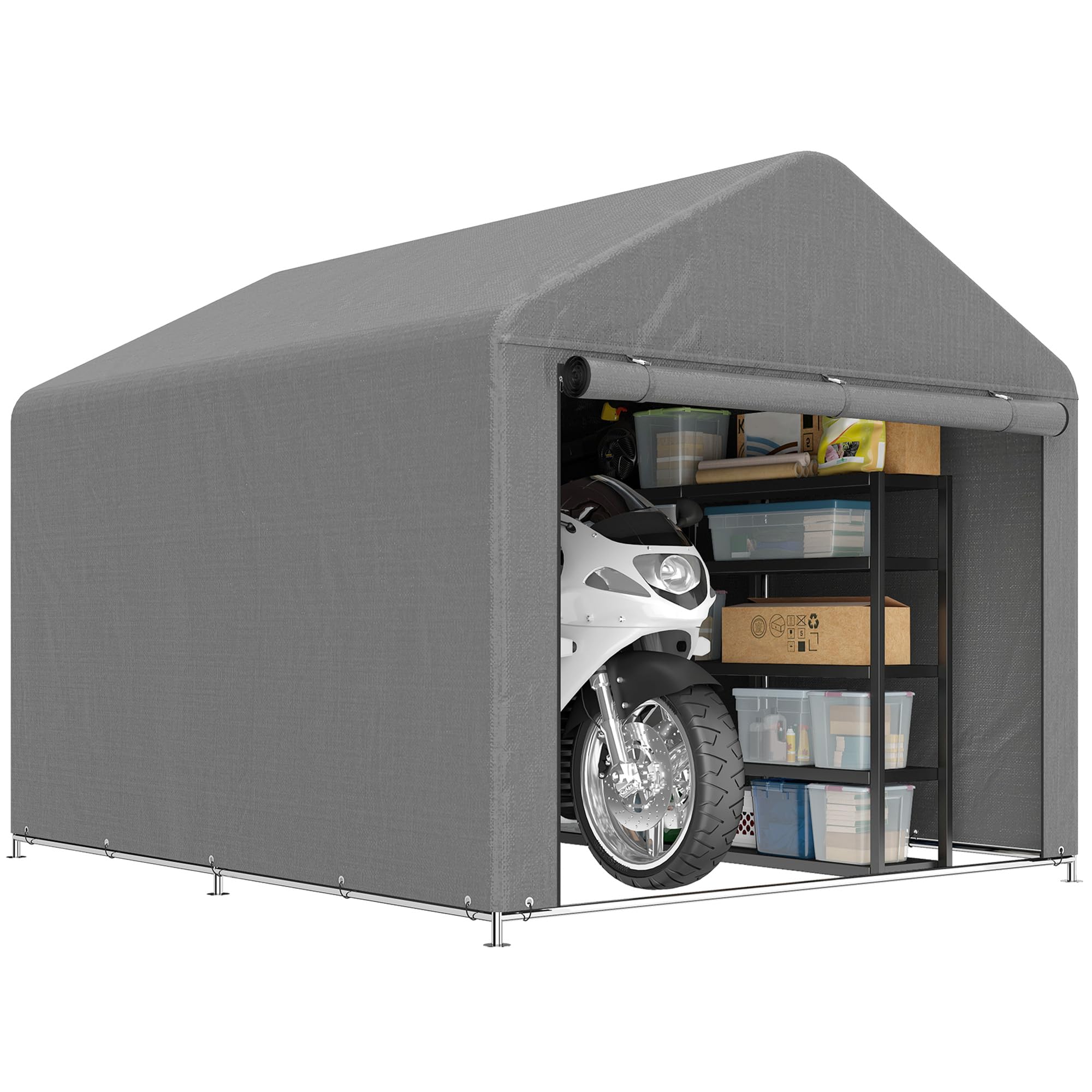 Outsunny 2x2.4 m Garage Moto per Esterno, Tenda Garage con Copertura Impermeabile, Porta Avvolgibile a Cerniera, per Biciclette e Attrezzi in Acciaio Zincato, da Giardino, Grigio Chiaro