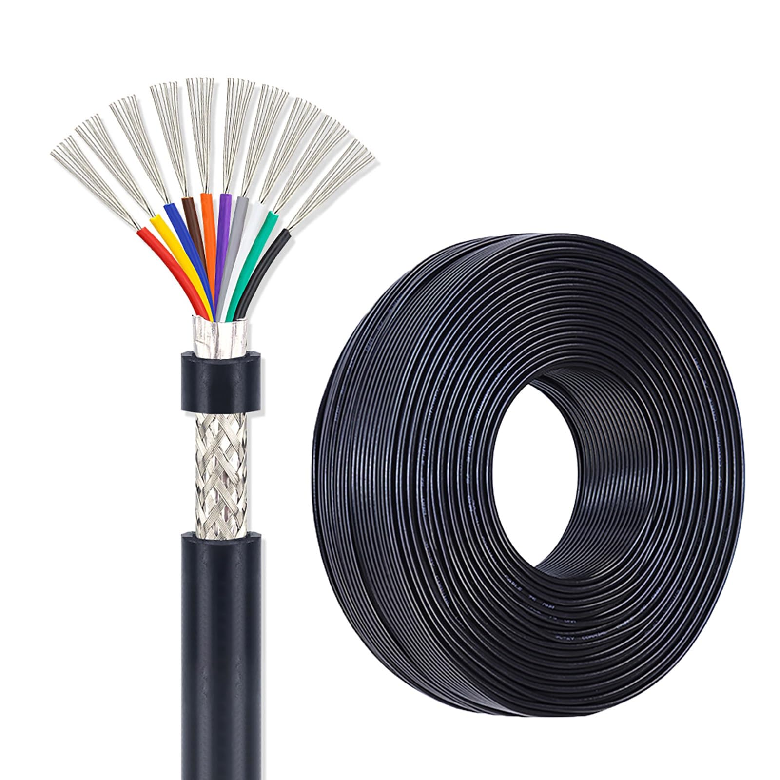 Cavo Elettrico Schermato 16/18/20/22/24 AWG, Certificato UL, 10 Conduttori, Filo A Bassa Tensione In Rame Stagnato, Guaina In PVC, 30–200FT(15ft,24AWG-10C)