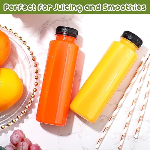 Miniatura 4 de 24 botellas de plástico para jugo de 12 onzas con tapas, botellas transparentes reutilizables para bebidas, recipientes desechables con tapas negras