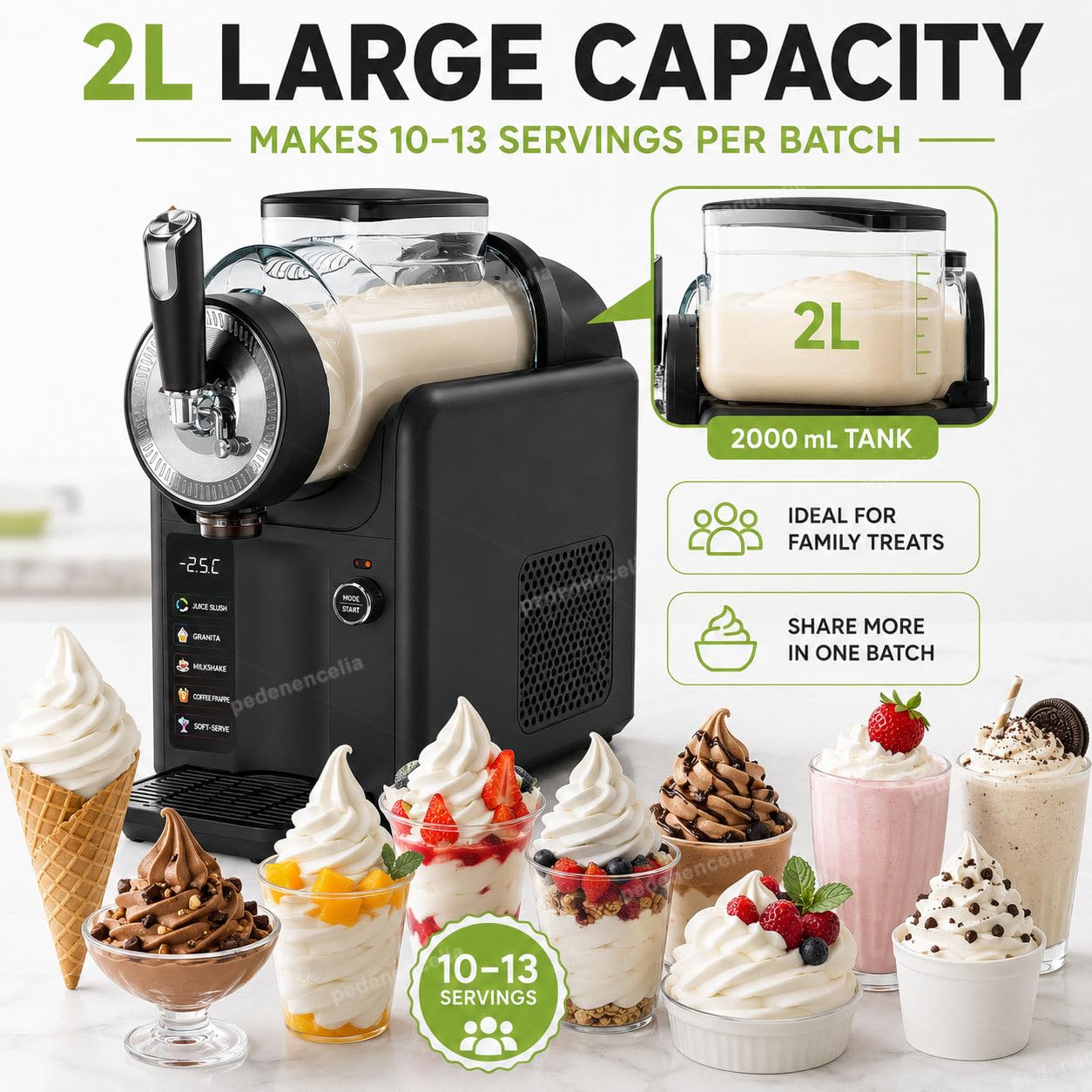 Macchina per Granite, Senza Bisogno di Ghiaccio, Produttore Professionale 5-in-1 di Slushy con Compressore 185W, capacità 2L, Autopulizia, Consistenza Regolabile Black