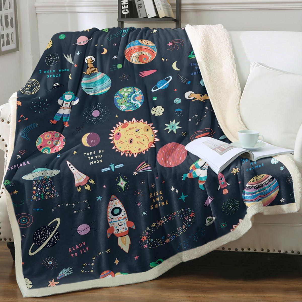 Sleepwish Outer Space Sherpa Plush Blanket for Boys Ship Planet Astronaut Fleece Throw Blanket for Sofa Couch Travel, Twin(60"x80")