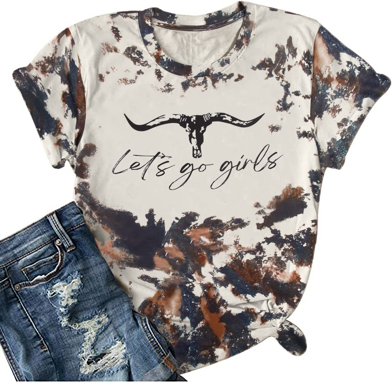 Let's Go Girl Shirt Women Western Bleached T-Shirt Retro Country Music Tee Shirt Cowgirls Shirts Short Sleeve Tops