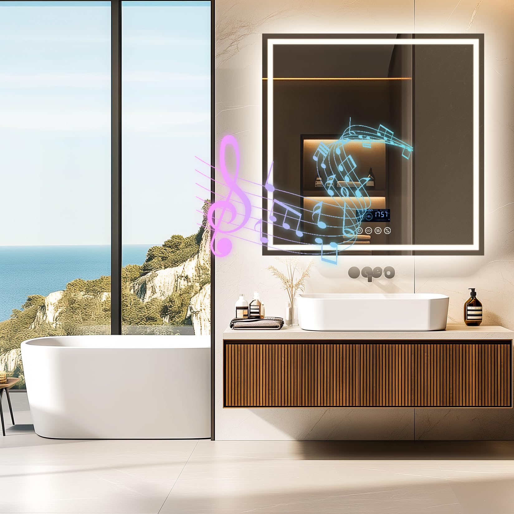 LUVODI Espejo Baño Led con Luz Bluetooth: 80x80 cm Espejo Pared Antivaho Cuadrado Espelho Banho Lavavo con 2 Altavoz Luz Frontal y Retroiluminado 3 Color de Led Regulable, Memoria, Certificado CE