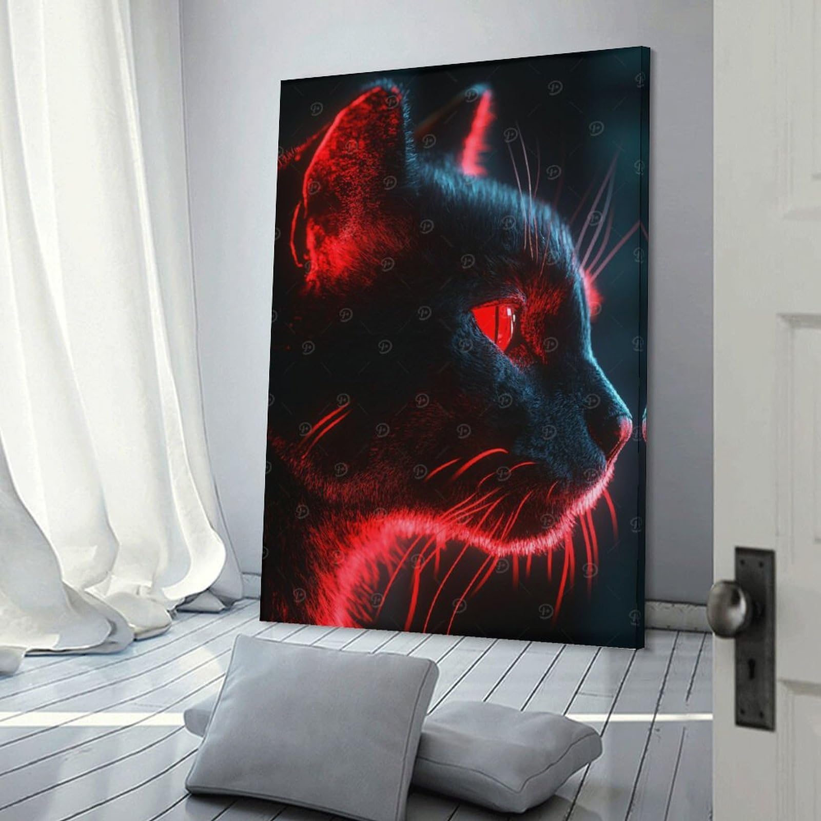 Junmoney Neon Lit Black Cat Portrait Hanging Wall Art, 08x12inch(20x30cm), for Living Room, Bedroom, Office Or Hallway, Decorative Artwork with Broad Appeal