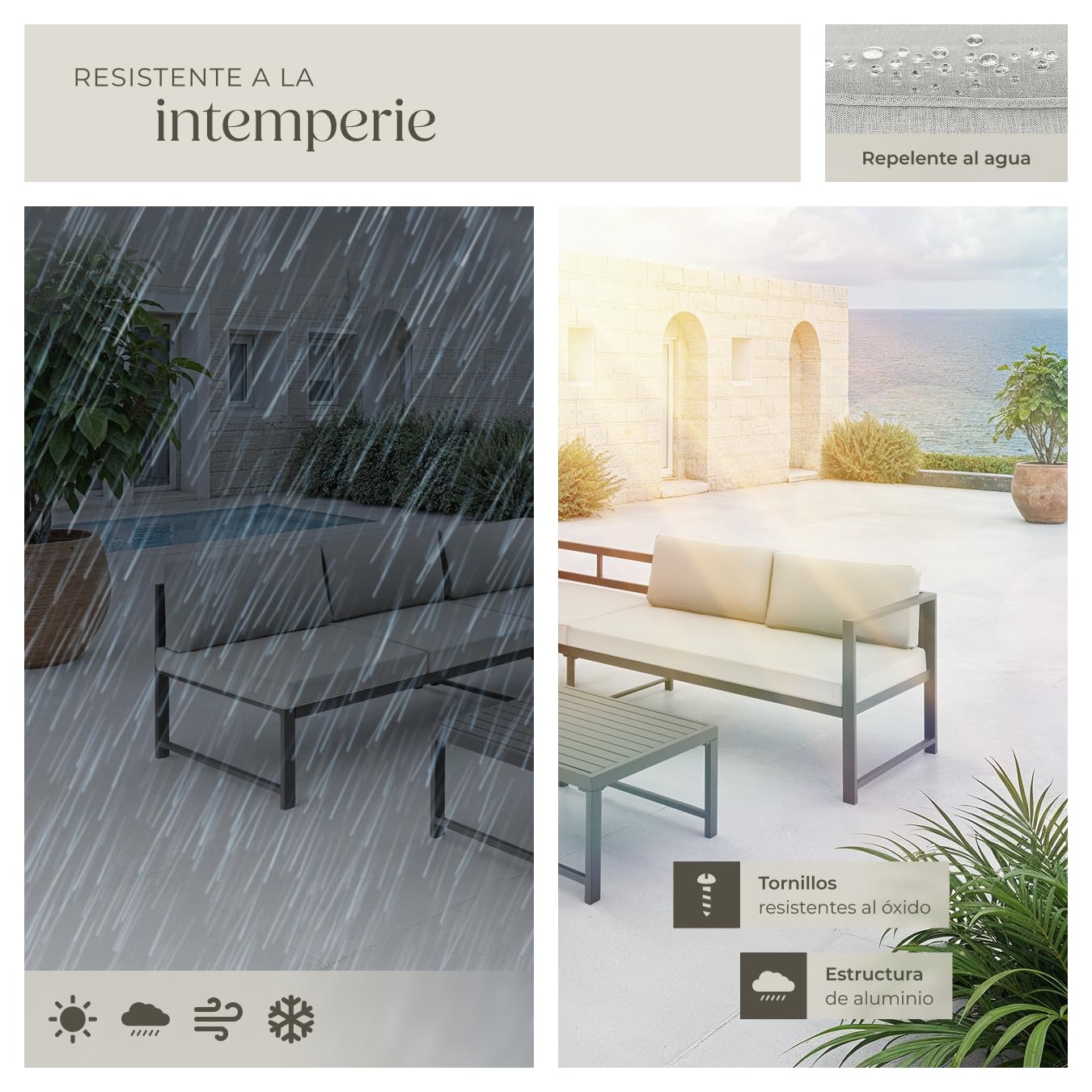 tectake® Conjunto de Muebles de Jardín, Sofa Exterior, Mesa de Exterior, Aluminio Ligero, Cojines Impermeables, Muebles Terraza, Sofá Exterior, Fácil de Limpiar, Resistente a la Intemperie - Gris