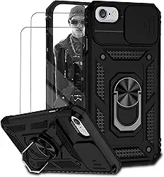 Capa para iPhone 6 Plus e 7 Plus e 8 Plus Capinha | com 2 peças de protetor de tela temperado com janela deslizante da câmera e suporte para telefone incluídos - Preto