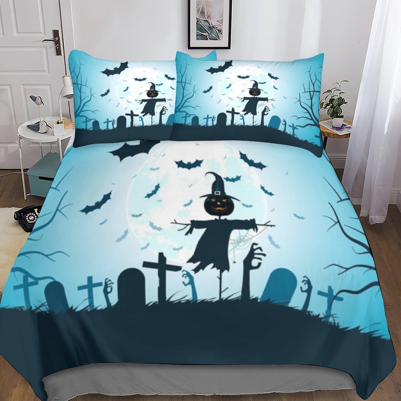 Housse de couette 3D Halloween douce et anti-plis pour lit King 220x240cm avec taies