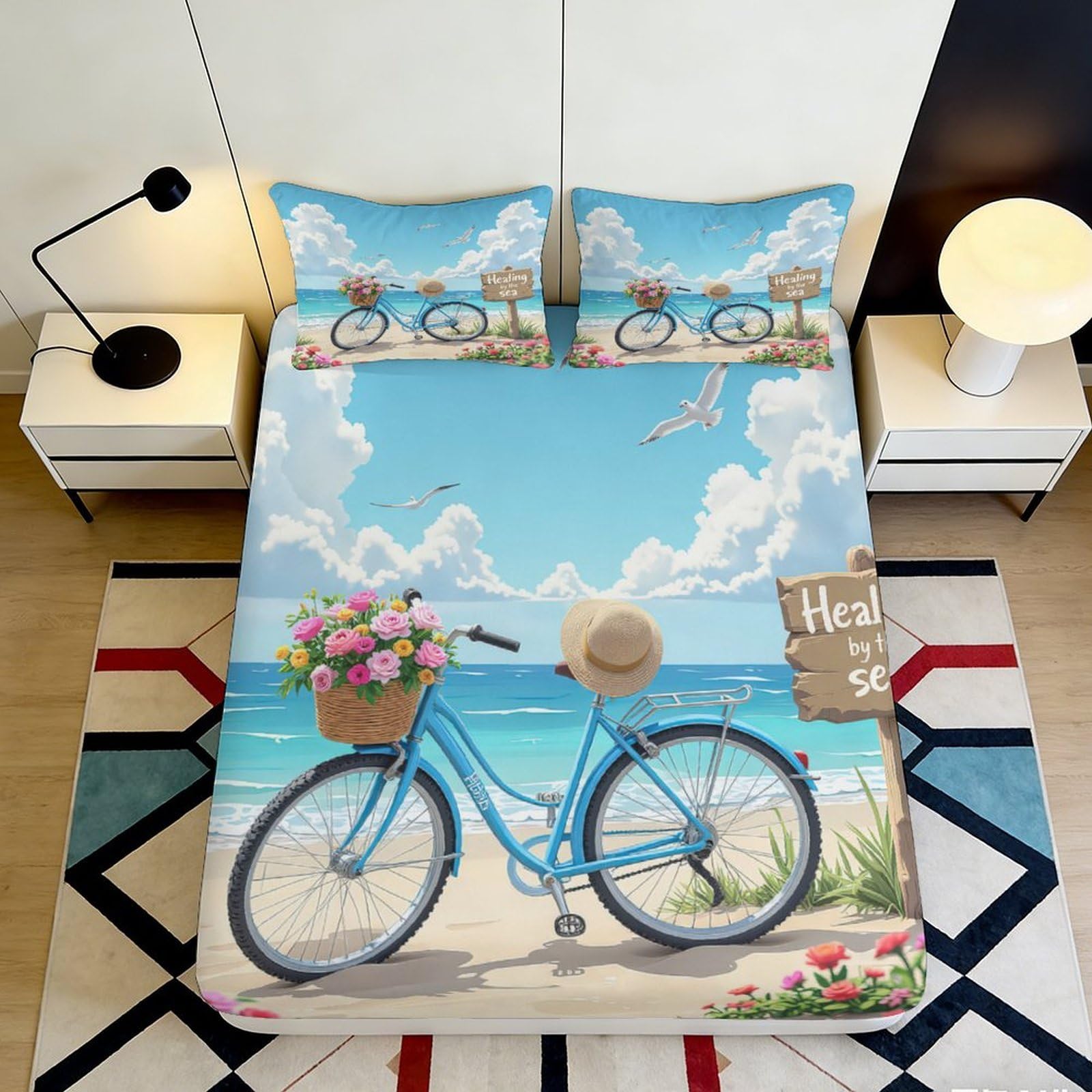 3D Printed Seaside Bicycle Fitted Sheet Microfiber Soft Beach Landscape Bed Cover for Bedroom Guest Room Decor 90x200x25cm