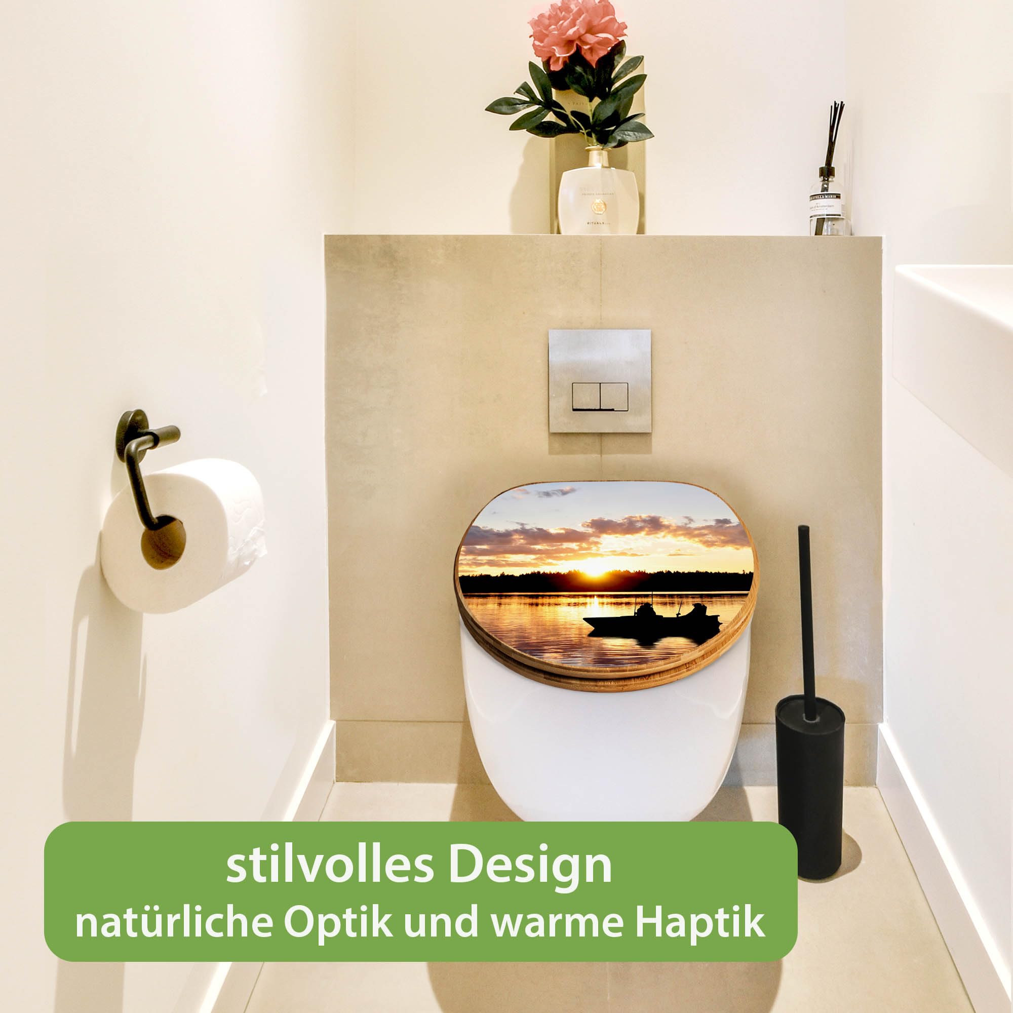 banjado Design WC Sitz Bambus Absenkautomatik 45,8x37,5cm - Toilettendeckel mit Absenkautomatik Holz - hochwertiger Bambus Klodeckel - WC-Sitz für gängigen Toiletten - Motiv Angler