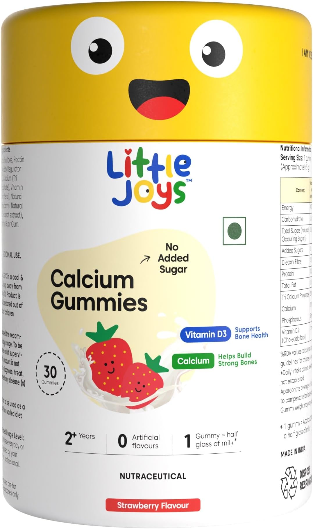 Calcium & Vitamin D Gummies for Kids (2+ years) With No Sugar Added For Stronger Bones, Joints, Teeth & Immunity Strawberry Flavour 30 Calcium Gummies