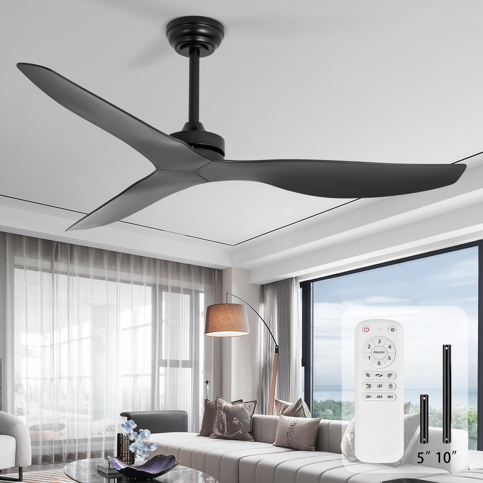 52-Inch Black Outdoor Ceiling Fan No Light with Remote