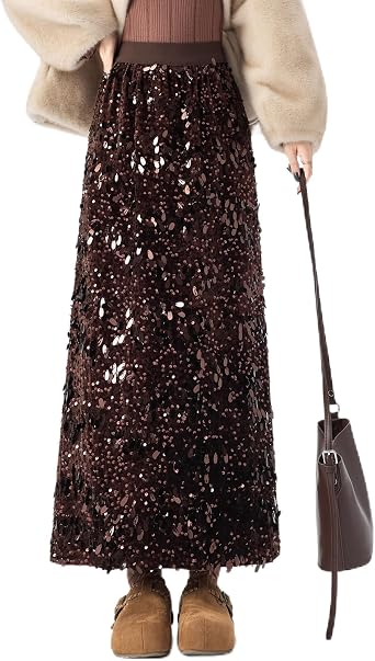 Women Sequin Mermaid Long Skirt Elastic High Waisted A Line Elegant Design with Fishtail Hem Party Wear