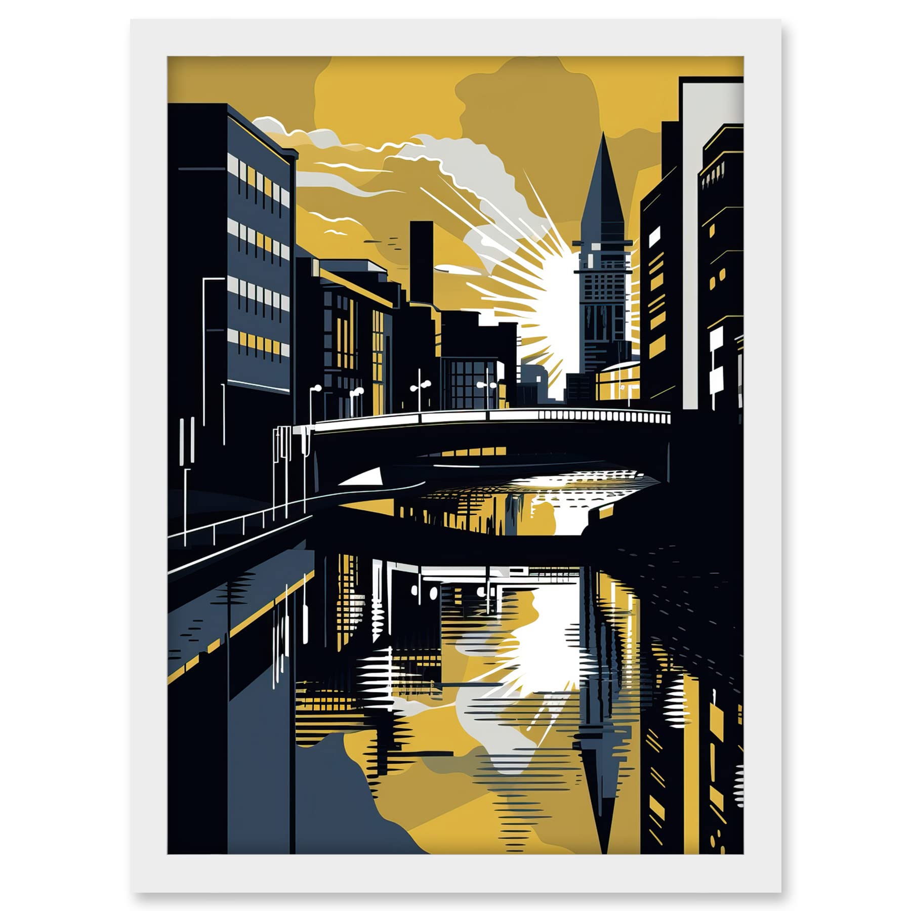 Artery8 Glasgow Scotland River Cityscape Sunrise Geometric Artwork Framed A3 Wall Art Print
