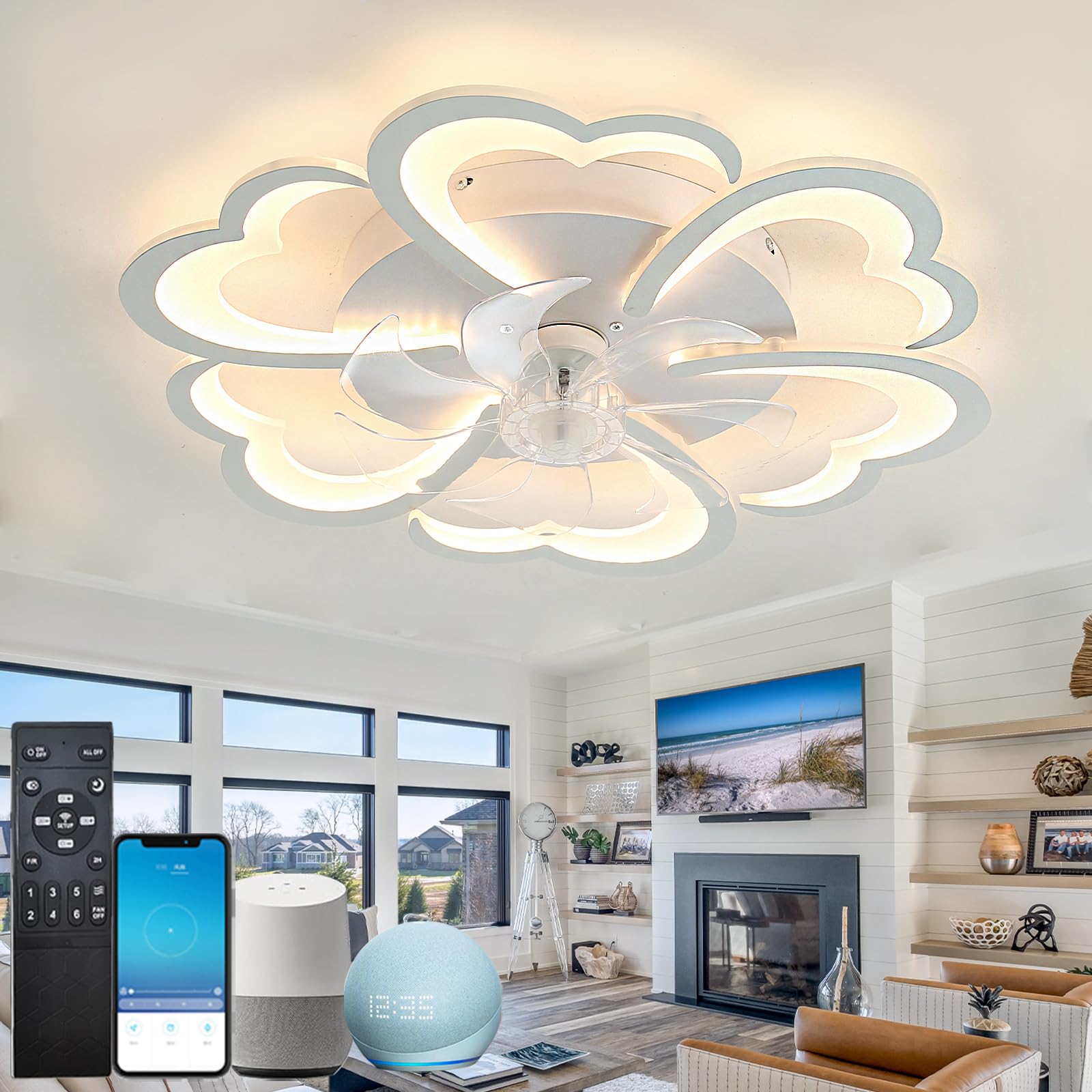 ycwdcz Ventilatore da Soffitto con Luce LED e Alexa Integrata, 90cm Design Floreale Moderno, Motore DC Silenzioso, Plafoniera Ventilatore Reversibile Dimmerabile per Camera da Letto e Soggiorno