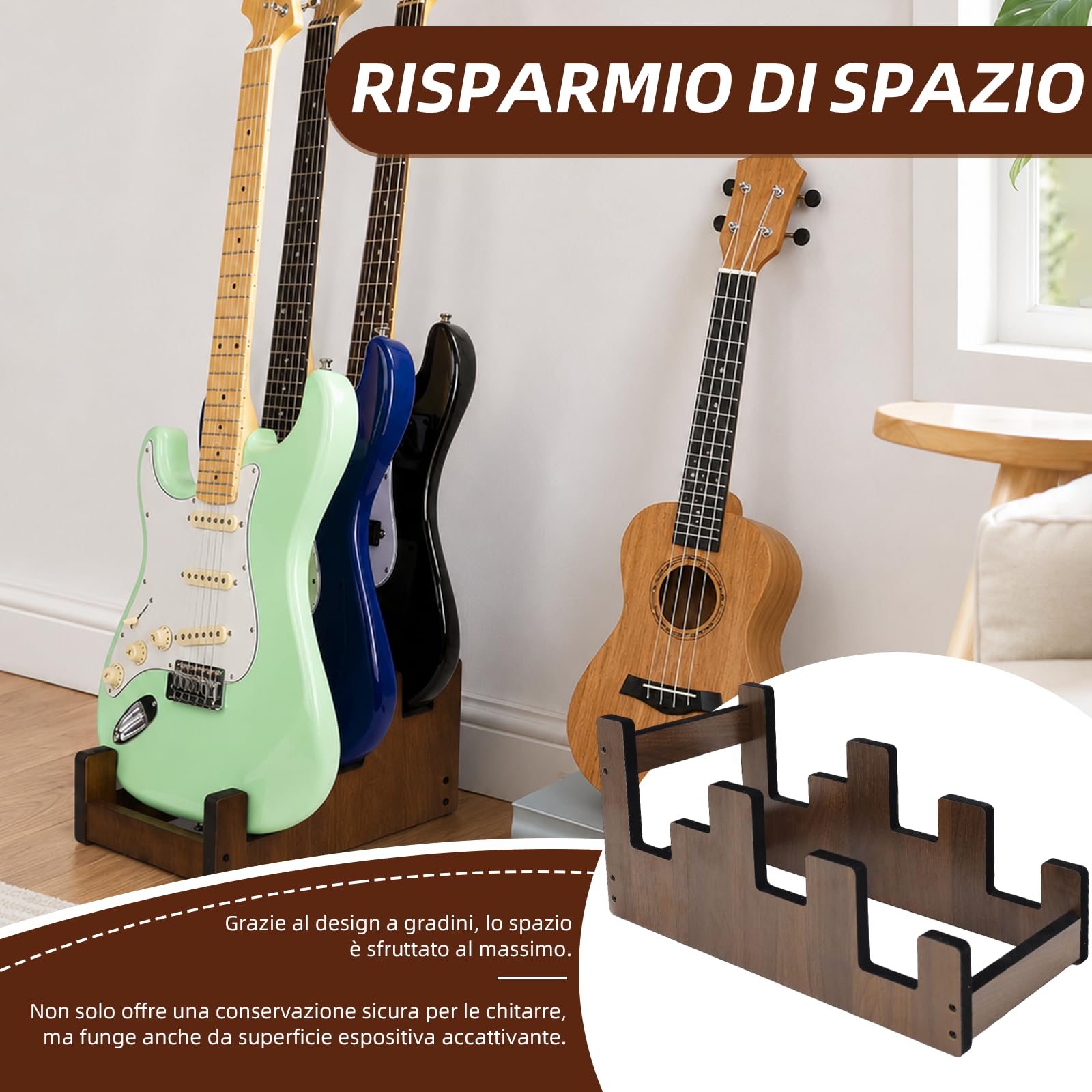 Supporto per chitarra in legno per 2 chitarre elettriche + 1 acustica | Legno massello, livelli scalati, ampia rientranza per chitarra acustica, imbottitura, antiscivolo, risparmio spazio