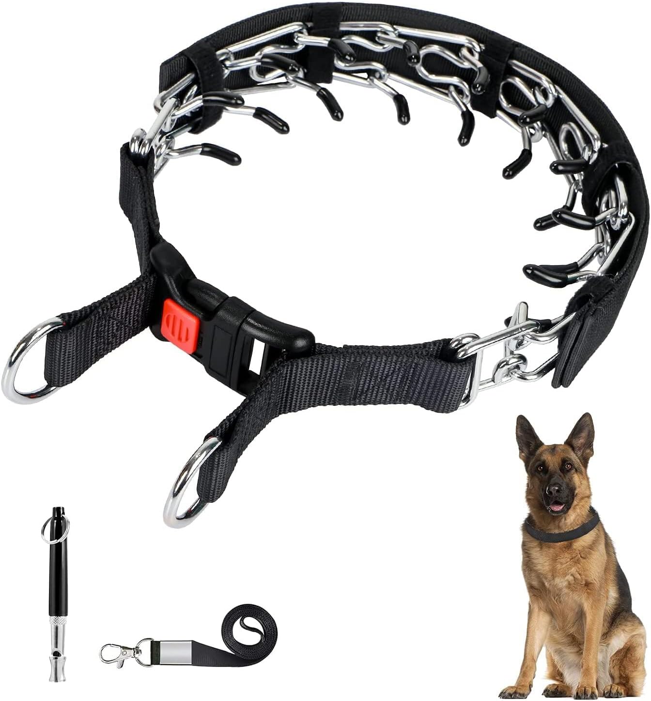 Dog Prong Traing Collar, Choke Pinch Collar for Dogs, for Medium and Small Dogs, Includes 1 Training Whistle with Lanyard, Pet Training Supplies Safe and Effective (Medium, 3 MM, 17.7 Inch)