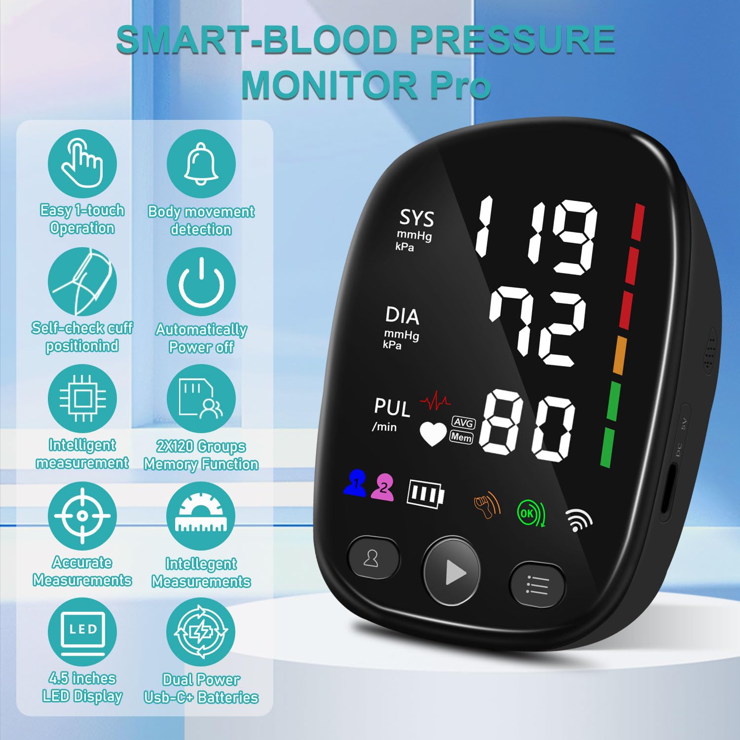 Automatic Arm Blood Pressure Monitor for Home Use - with Adjustable Large Cuff (8.7"-17.3"), Bluetooth App Tracking, LED Display 2 Users 240 Sets Memory, Hypertension Detector
