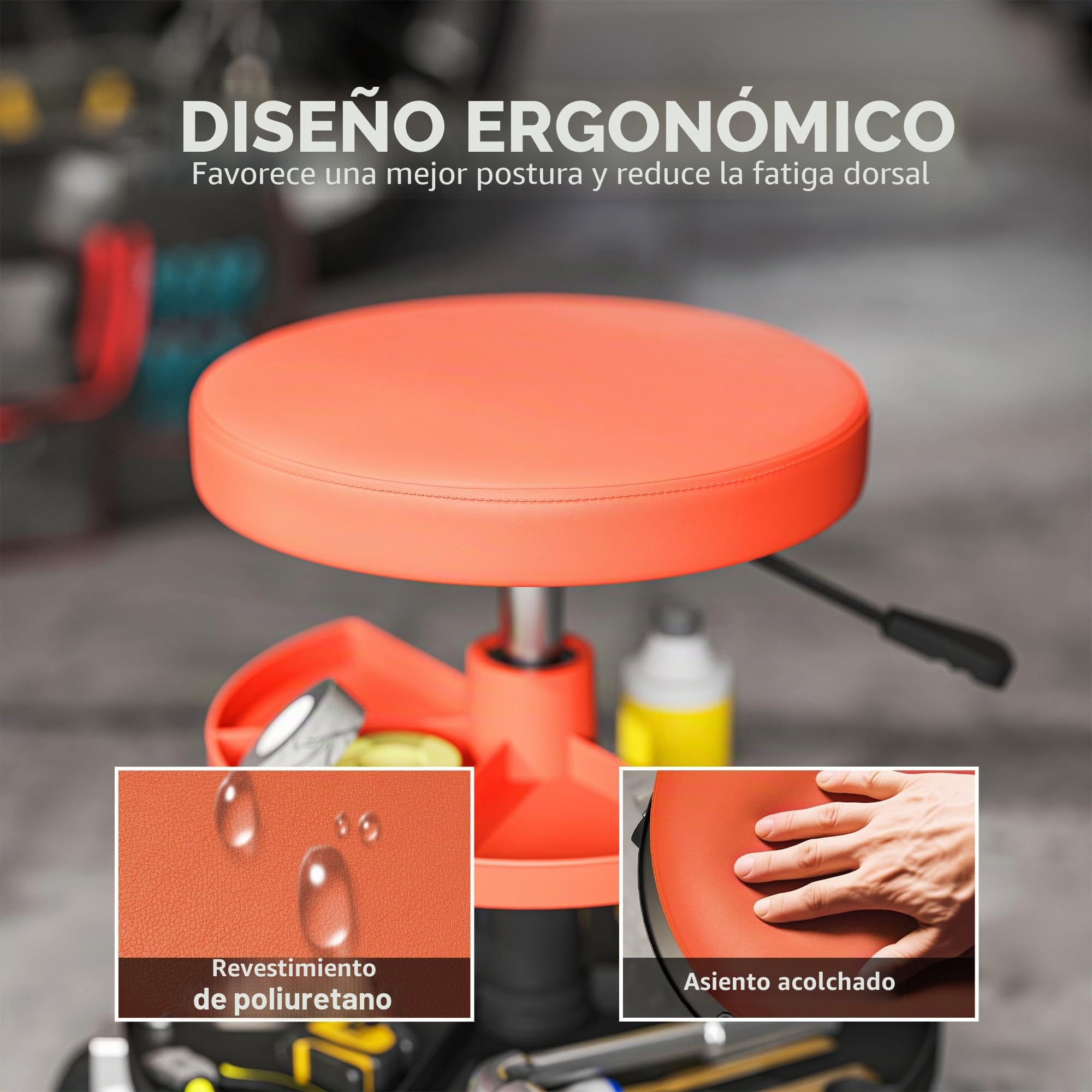 HOMCOM Taburete de taller con ruedas, taburete de mecánico con altura regulable 40-51 cm, 2 estantes para herramientas, asiento giratorio, carga máx. 135 kg, amarillo