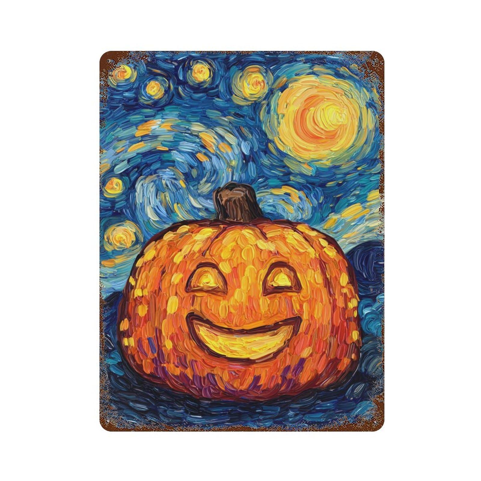 Pumpkin Starry Night Painting Aged Metal Wall Plaque 15.7"x11.8", Farmhouse Wall Decor for Office, Studio And Wall Decor
