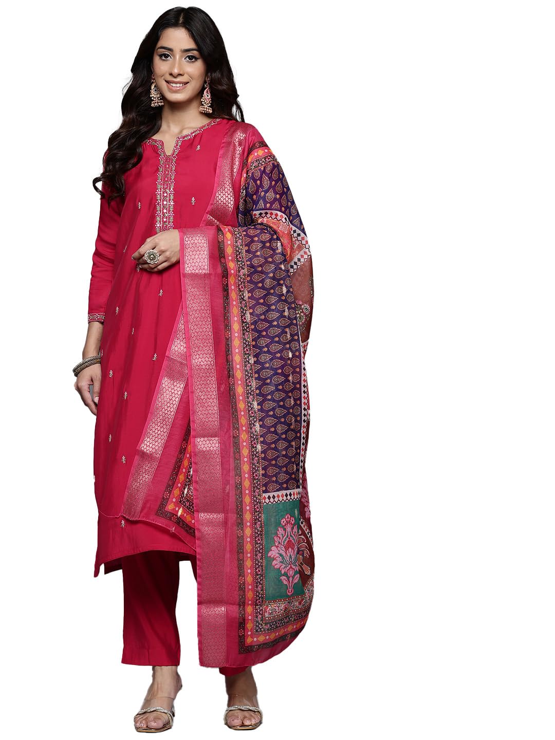 Varanga Women Pink Round Neck Embroidered Kurta Paired With Tonal Bottom & Printed Dupatta