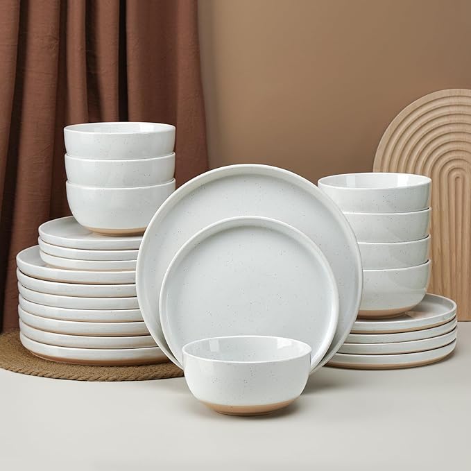 24 Pieces Farmhouse Stoneware Dinnerware Sets, Speckled Ceramic Plates and Bowls Set, Matte Terracotta Underside Ceramic Dishes Set for 8, Scratch Resistant Microwave & Dishwasher Safe (Daylight)