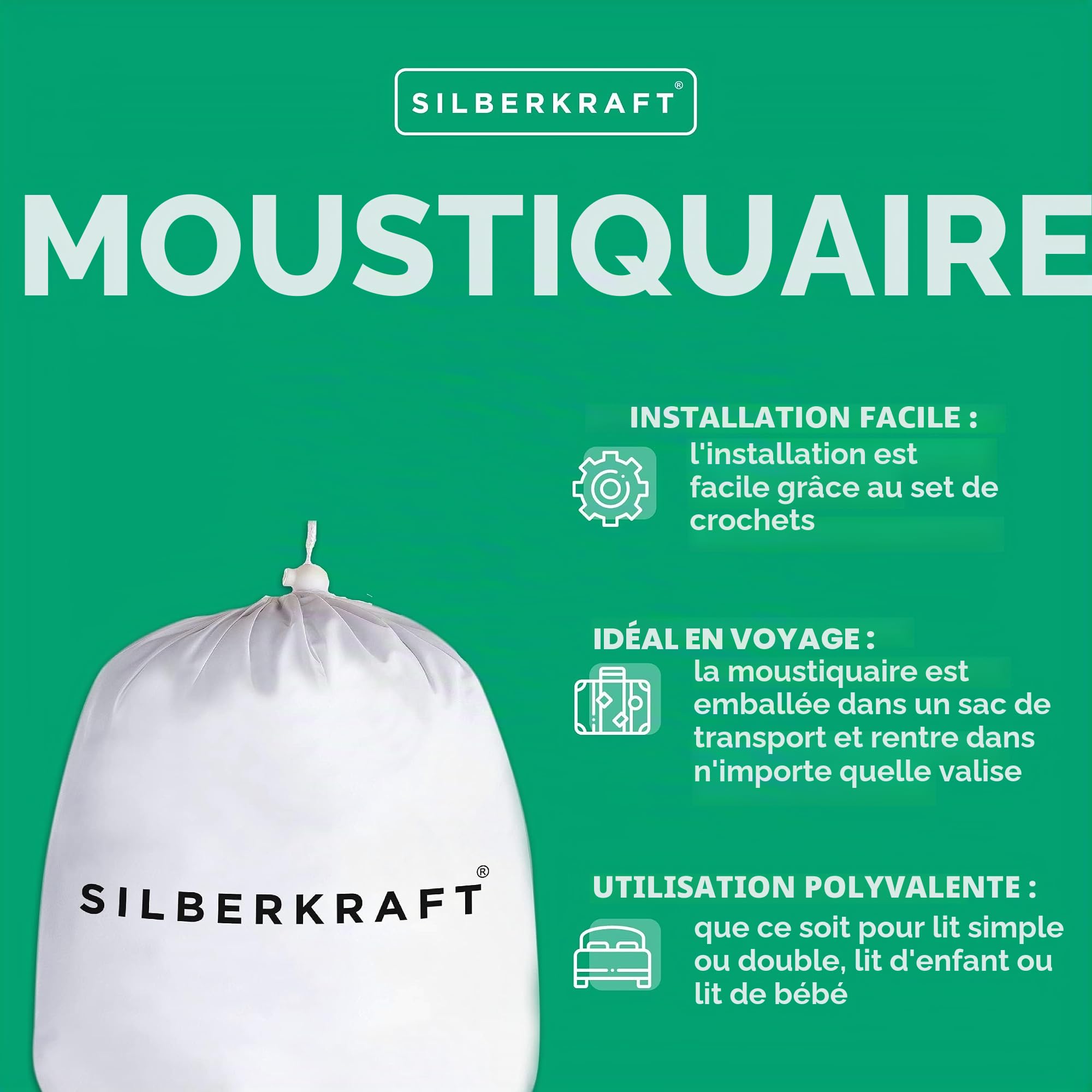 Silberkraft Moustiquaire de qualité supérieure avec crochets et chevilles, XXL pour lit double, moustiquaire pour voyage et à la maison, avec sac de transport
