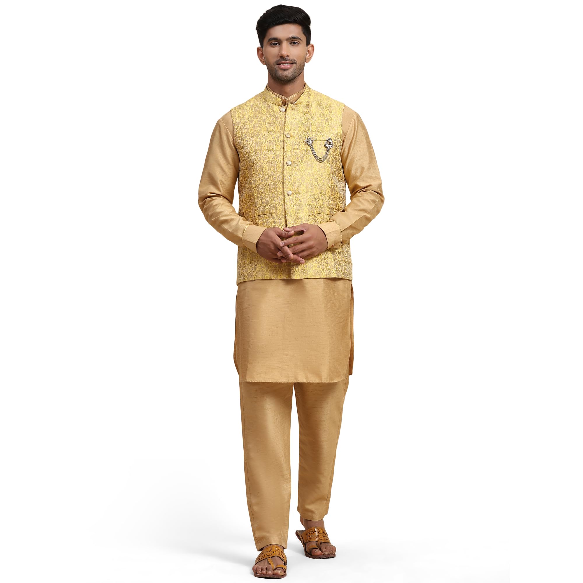 Pro-Ethic Style DeveloperSilk Kurta Set for Mens with Jacquard Jacket (Waistcoat) Traditional Wedding Outfit for Men (C-108)
