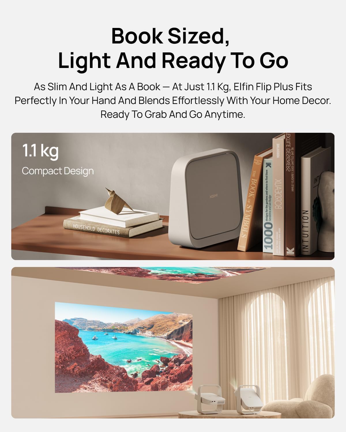 XGIMI Elfin Flip Plus Przenośny projektor, 1080p, z Google TV | 500 ISO, Google TV, Netflix, 150° stand, 2×3W, 4000:1, 121% Rec.709, 200". Do salonu i podróży.