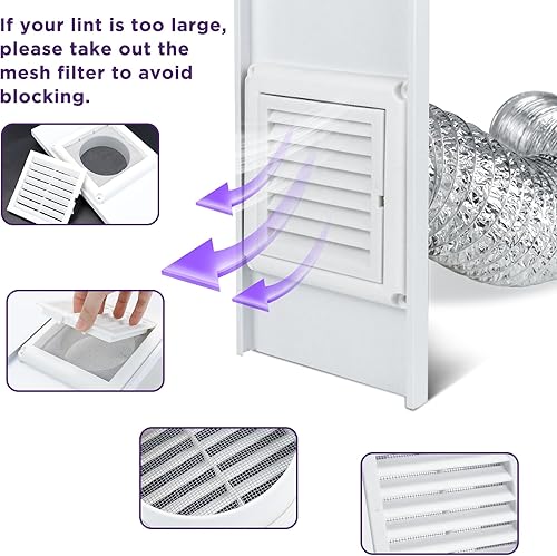 Miniatura 4 de Kit de ventana de ventilación de secadora con manguera de conducto de ventilación de secadora de 4 pulgadas y cubierta de ventilación de escape,