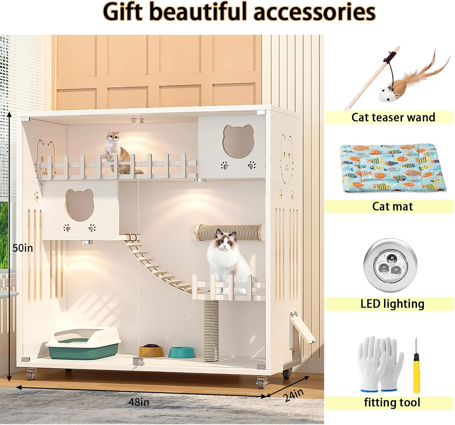 Wooden Enclosed Cat House Large Space, Cat Cage with Wheels, Multi-Feature Cat Enclosures for Indoor Cats Ventilation, Modern Cat House with Scratching Post & Stairs, 50" X 48" X 24"