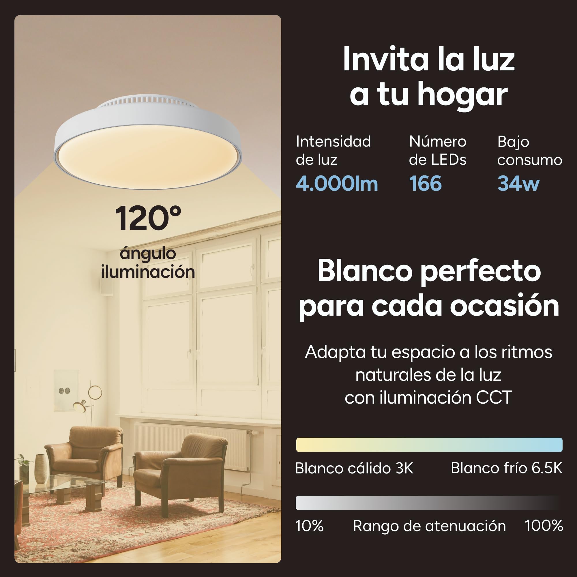 KSIX Mistral Ventilador de techo sin aspas con luz LED regulable RGBIC+CCT, 4.000 lm, Ø43,6 cm, 6 velocidades, Temporizador, App Tuya Smart