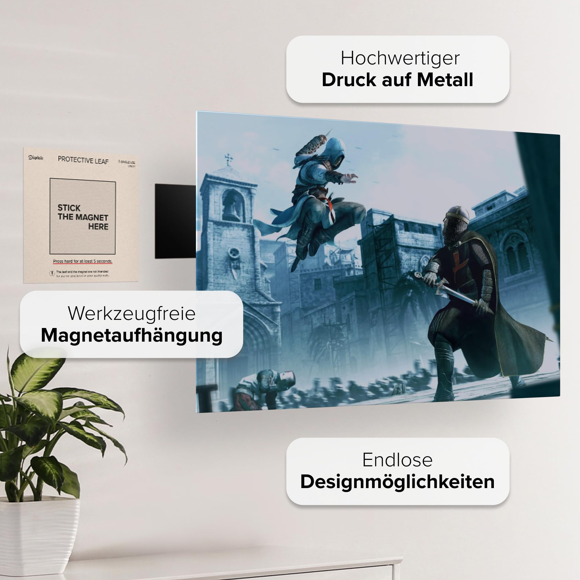 Displate - Poster aus Metall - Einfache Montage ohne Bohren - Assassin's Creed - Assassin's Creed Altair - Fighting Altair - Größe M - 32 x 45 cm Matt