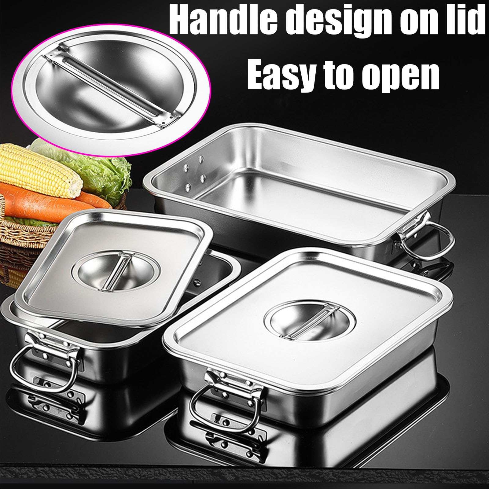 Contenitore Gastronorm in Acciaio Inox,Buffet Scaldavivande Vaschette per Alimenti,Bacinella Gastronorm con Maniglia,40 * 30cm,Lid