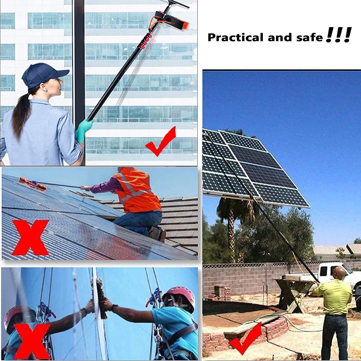 Kit de limpieza de ventanas extensible, poste de limpieza de paneles solares de 12 a 36 pies y cepillo, lavadora de ventana de largo alcance para una fácil limpieza exterior, perfecto para paneles