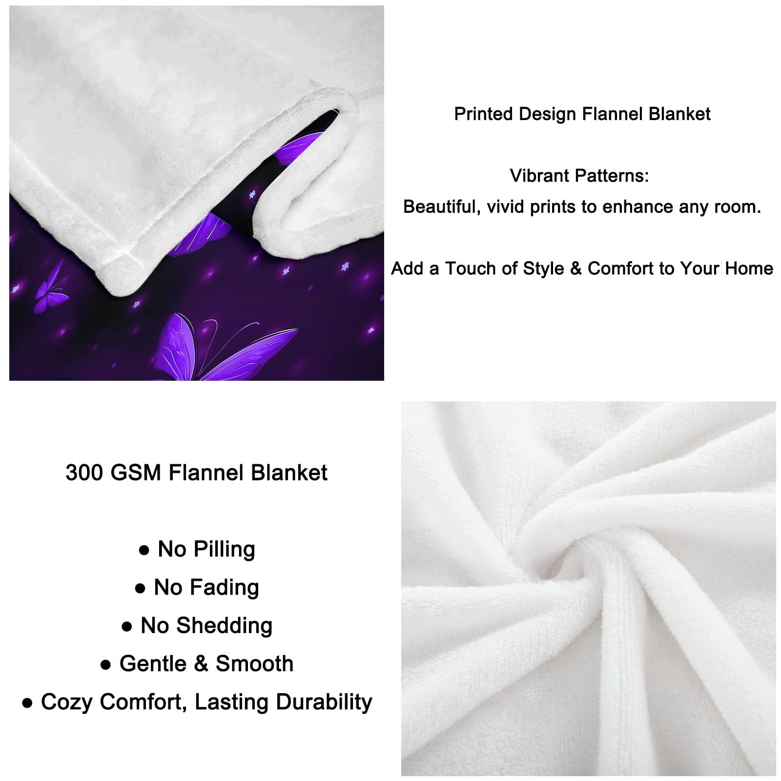 Coperta Plaid Pile in Flanella 180x220 cm Coperta Pile Piccola Farfalla Cielo Stellato, Morbida Soffice Calda Coperte per Divano Singolo Matrimoniale Letto Viola