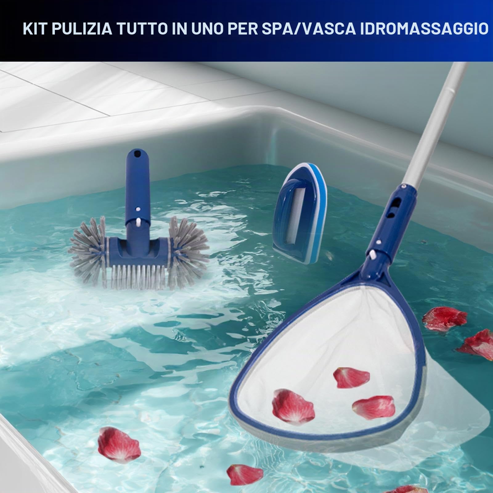 POOLAZA Set di pulizia per piscina, 4 pezzi, retino, spazzola, pad e asta in alluminio da 91,5 cm