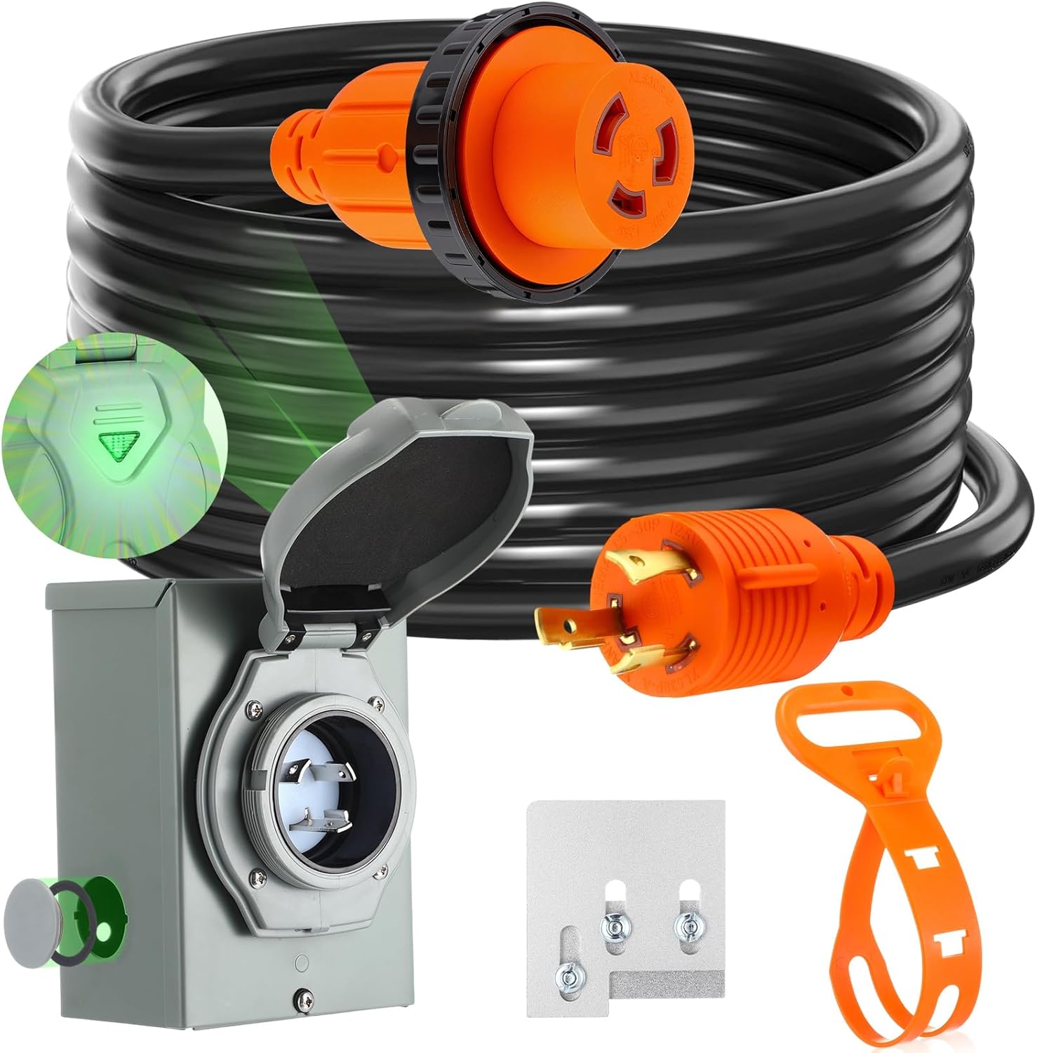 Kanayu 30 Amp 20ft Generator Cord Kit and Pre-drilled Power Inlet Box Generator Interlock Kit Compatible with Nema L5-30p/l5-30r 125v, 3750w Heavy Duty Extension Cord for Rv Home Backup, Etl Listed