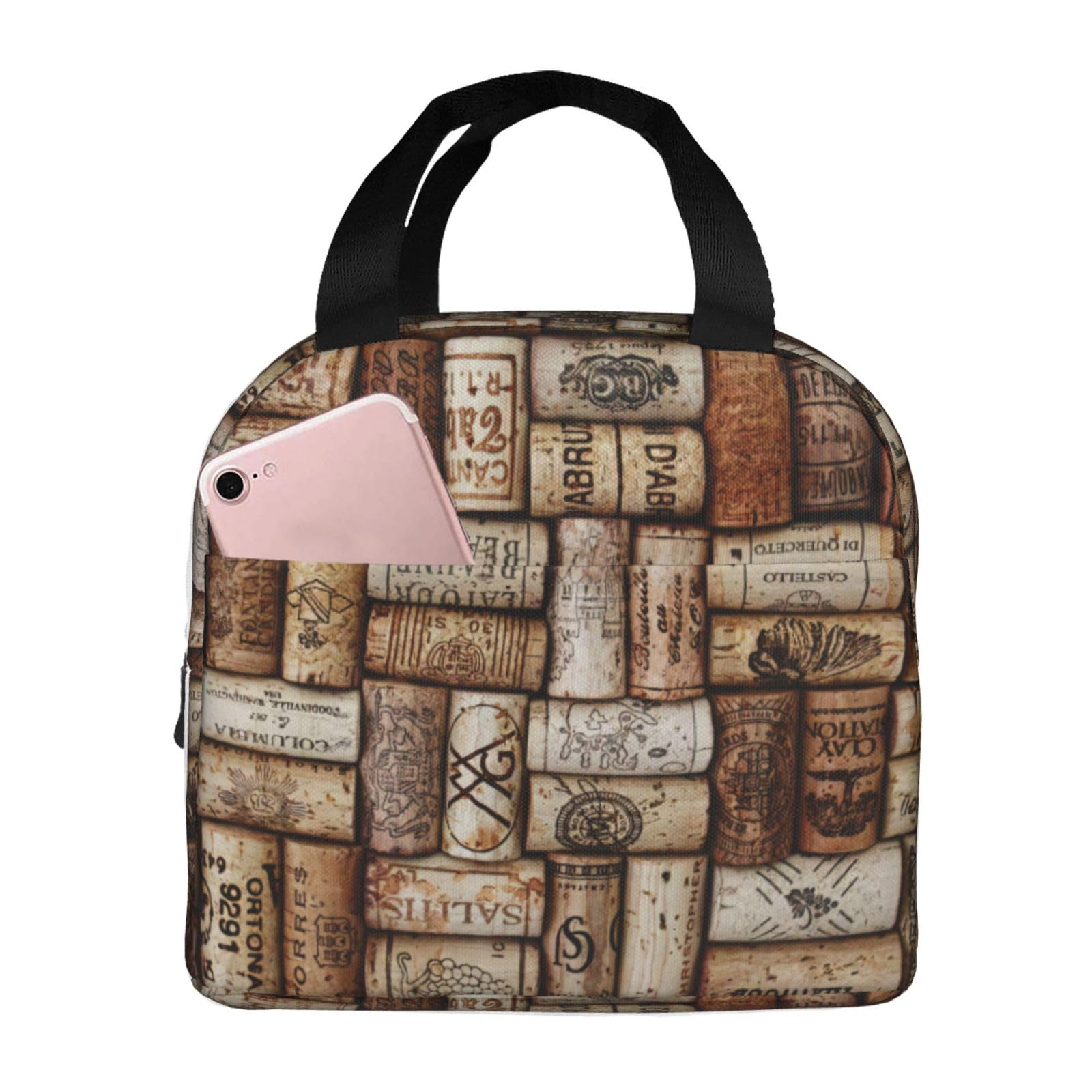 WURTON Wine Cork Print Lunch Bag Insulated Reusable Lunch Box Thermal Tote Bag Container Cooler Bag Adults