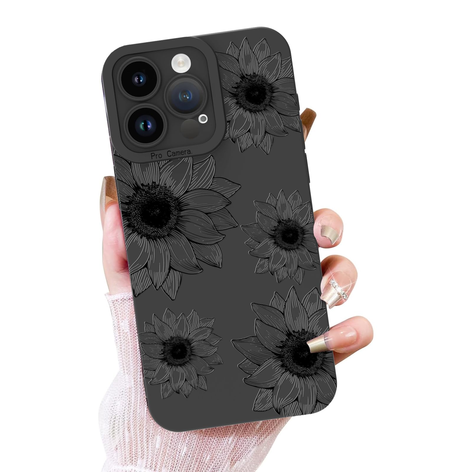 OOK Floral case for iPhone 15 Pro Case, Cute Sunflower Floral Blooms Design Soft TPU Shockproof Protective for Women Girls Phone Cover - Black Flower