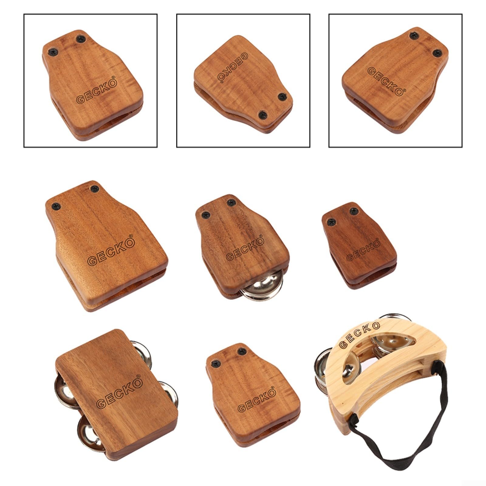 Juego de accesorios de cajón de 6 piezas para tambor de caja de geco con cascabeles de pie pandereta de percusión de madera para compañero para actuaciones en escenario, marrón (juego)