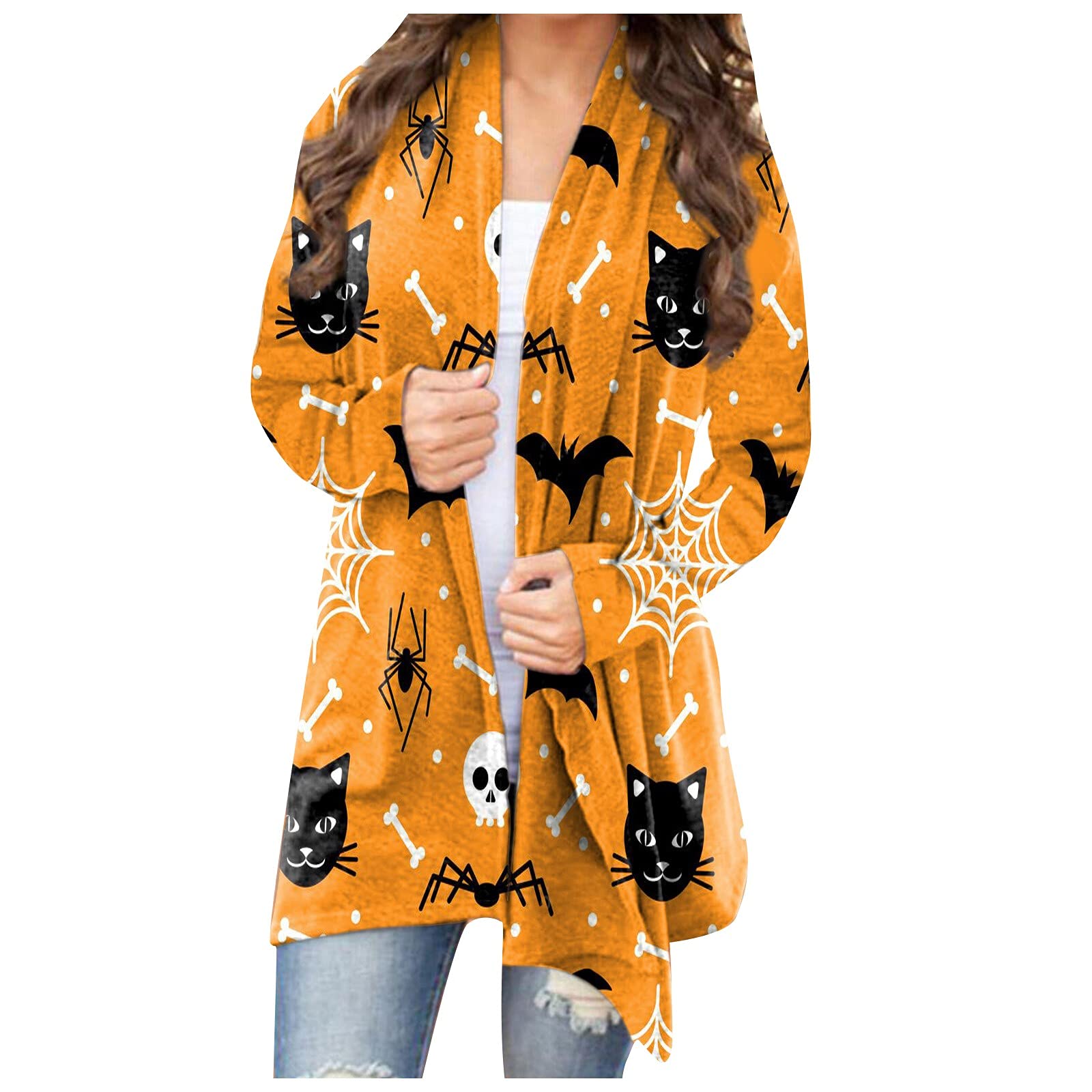 LEXUPA Women's Halloween Funny Cute Pumpkin Black Long Sleeve Open Cardigan Blouse