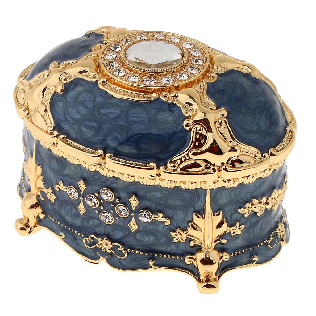 Ovale Schmuckschatulle Aus Metall Im Vintage Stil mit Kristall Emaille, Geschenkbox für Ohrringe Und Ringe, Blau
