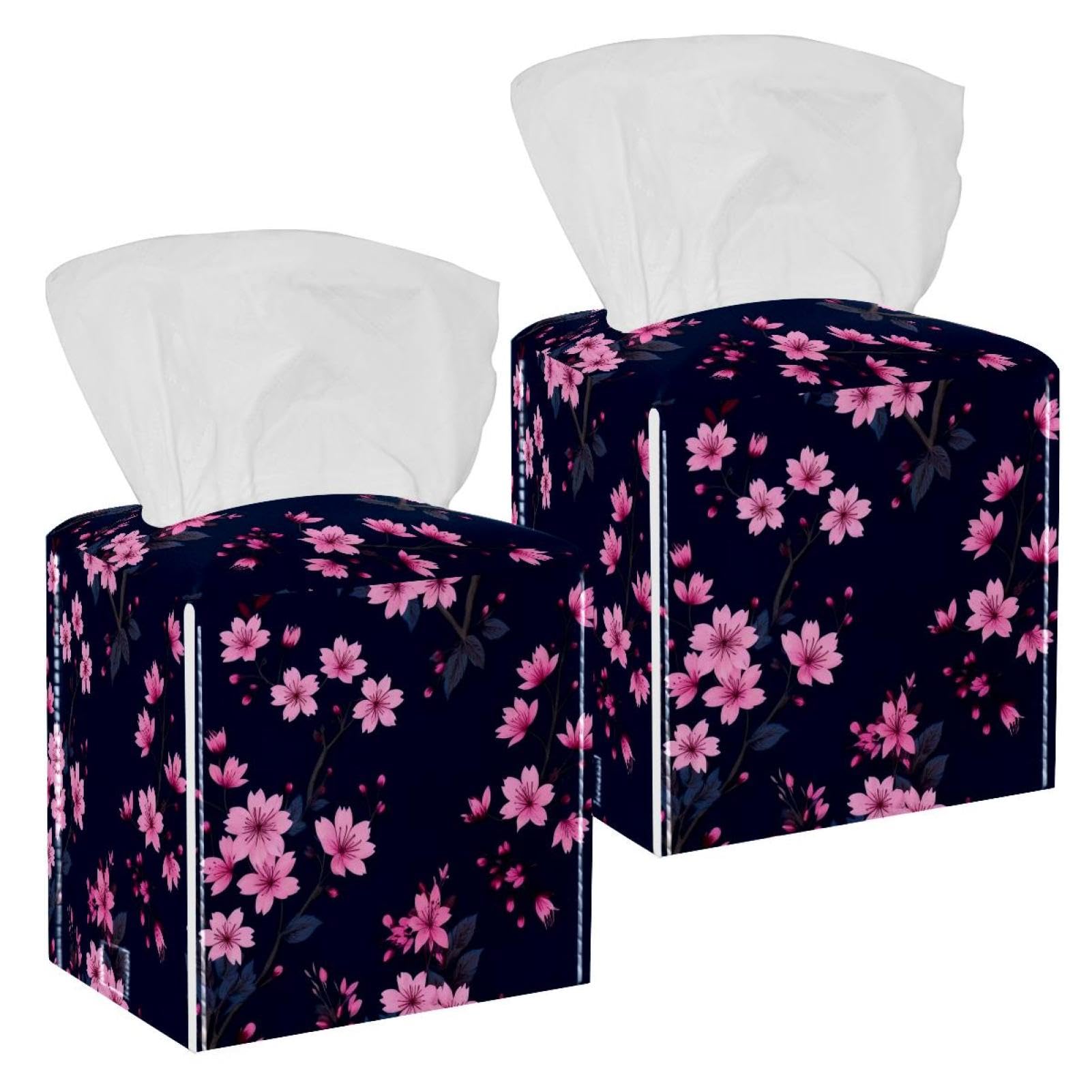 Art Cherry Blossom Tissue Box Cover, 2 Pack PU Leather Square Facial Tissue Dispenser Box holder for Home Office Car